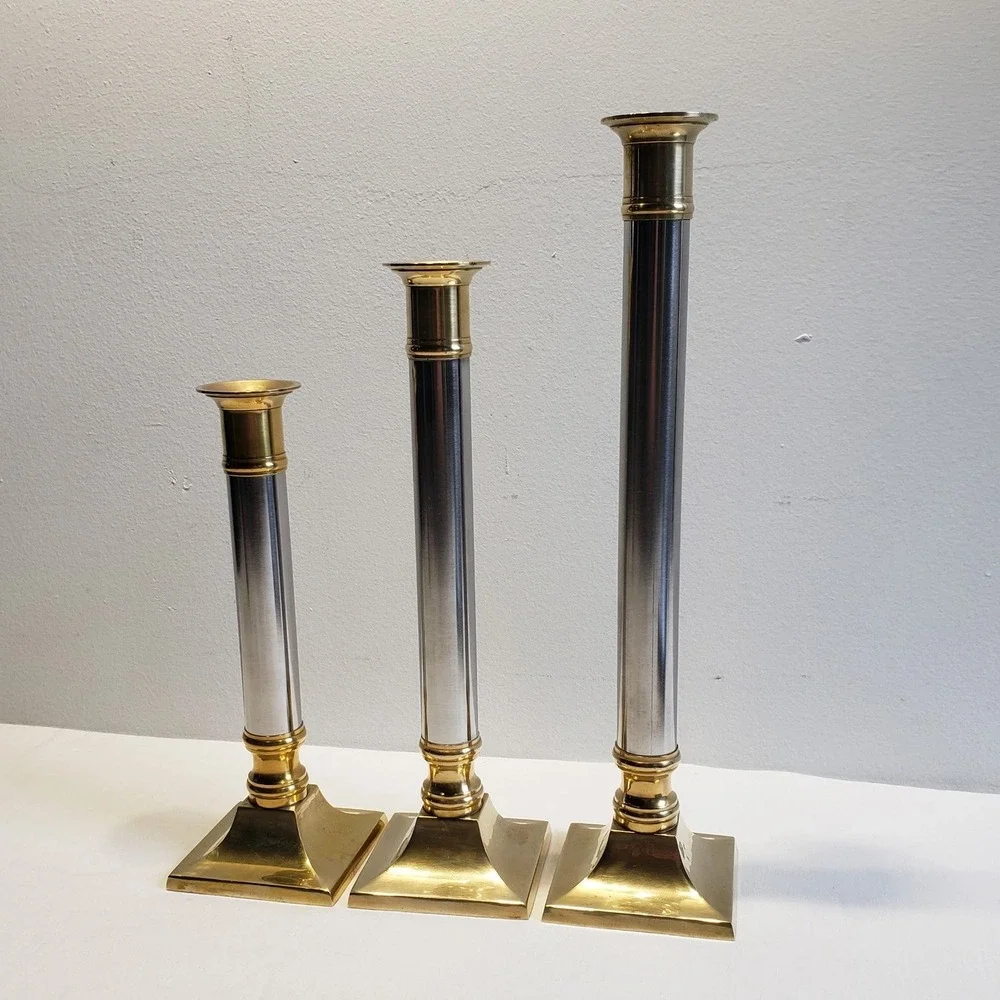 Candlestick Holders Brass Silver Mixed Metal Graduated Set of 3 Vintage